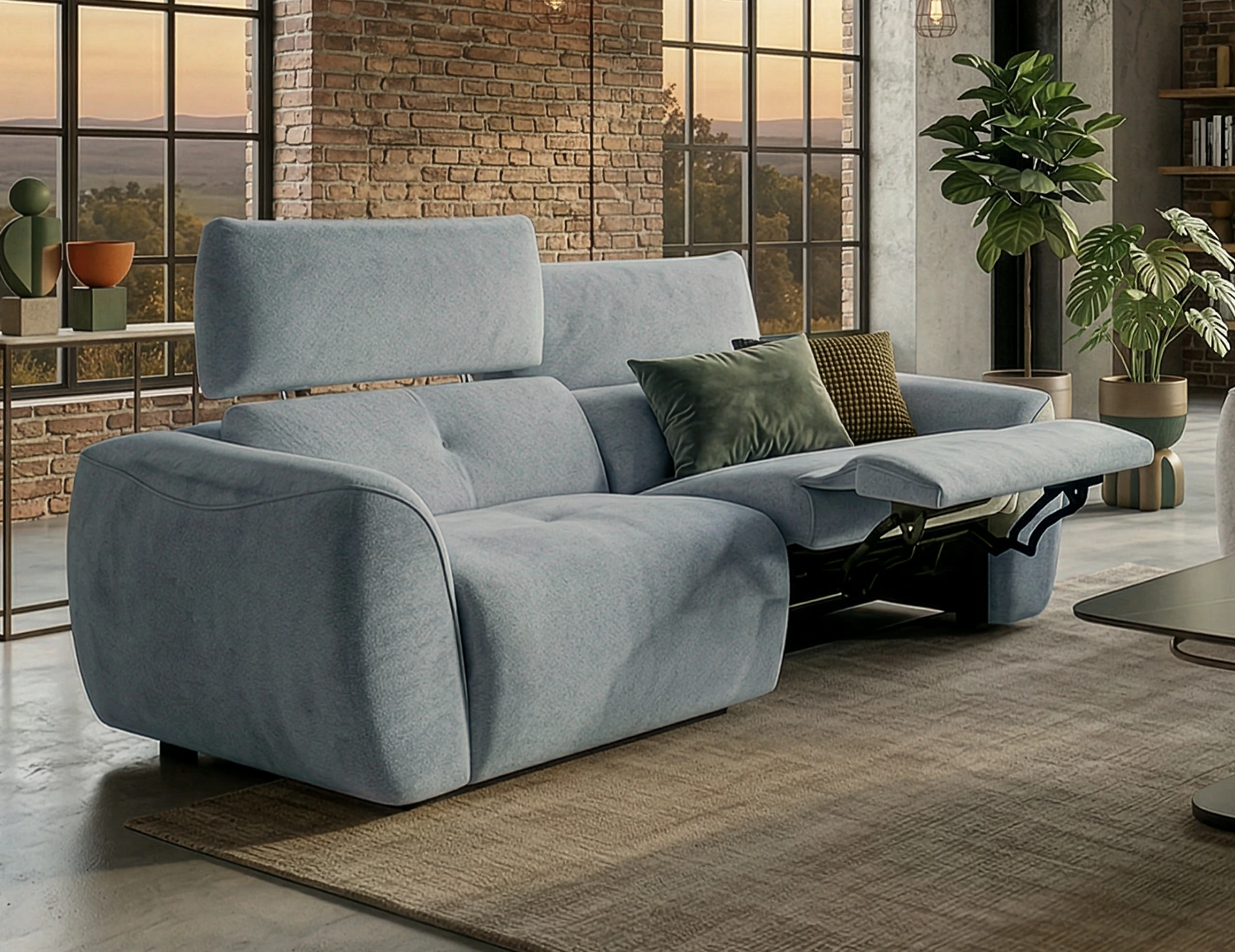 canapé en tissu vert tendre avec relax et têtières électriques