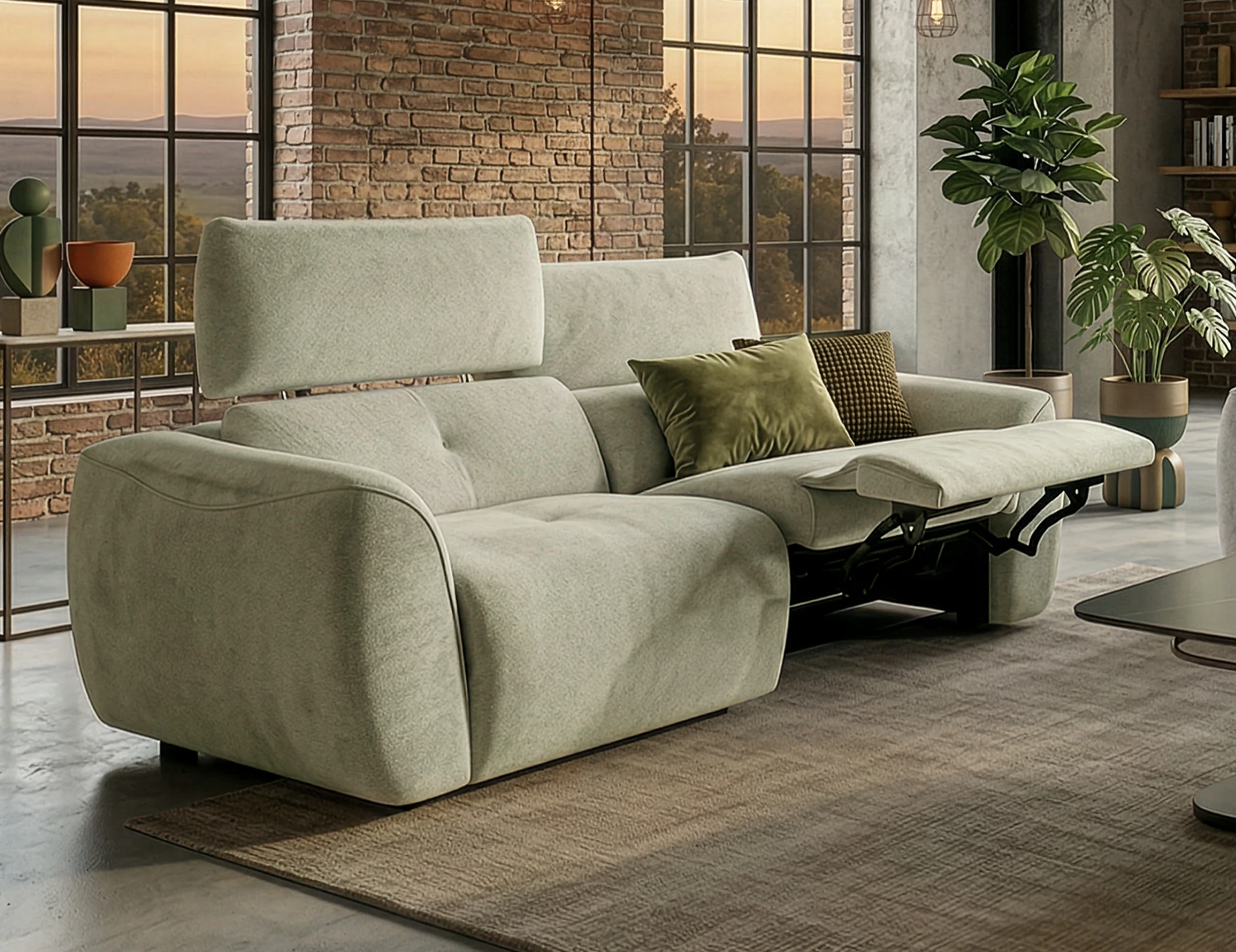 canapé en tissu vert tendre avec relax et têtières électriques