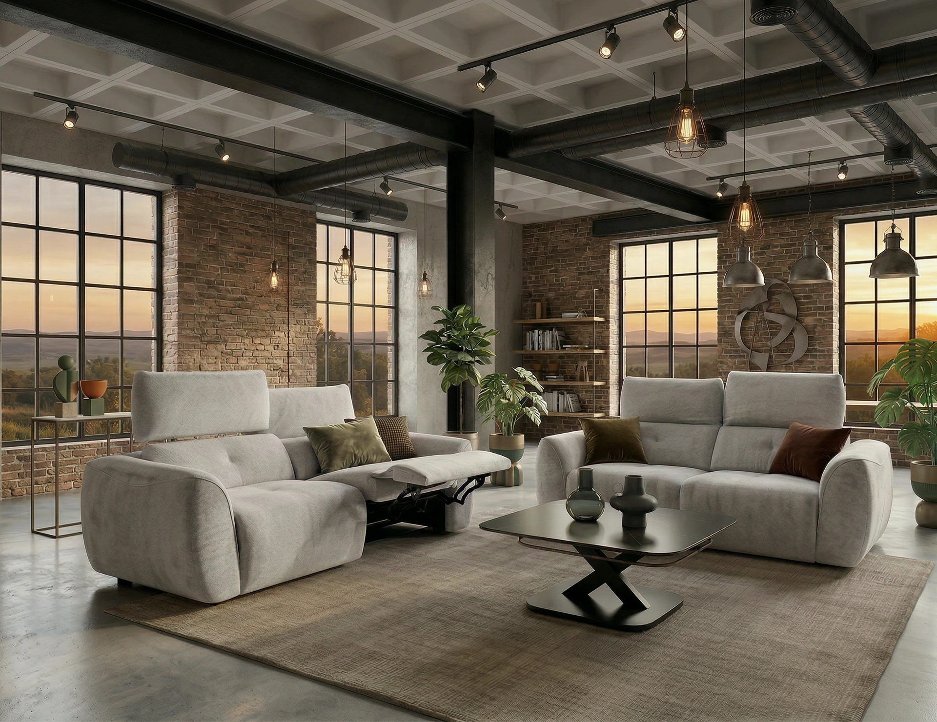 salon 3+2 en tissu vert tendre avec relax et têtières électriques