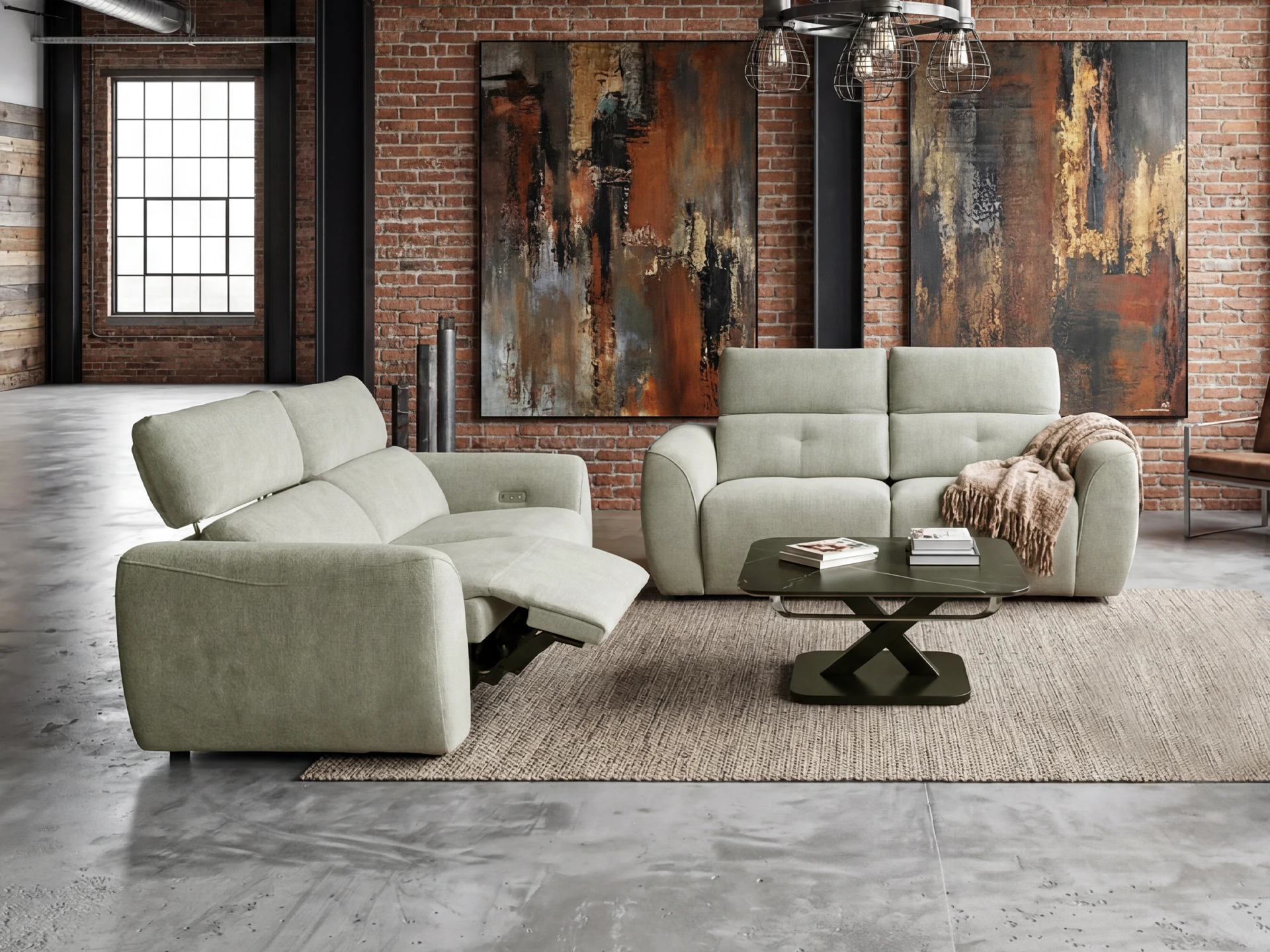 salon 3+2 en tissu vert tendre avec relax et têtières électriques