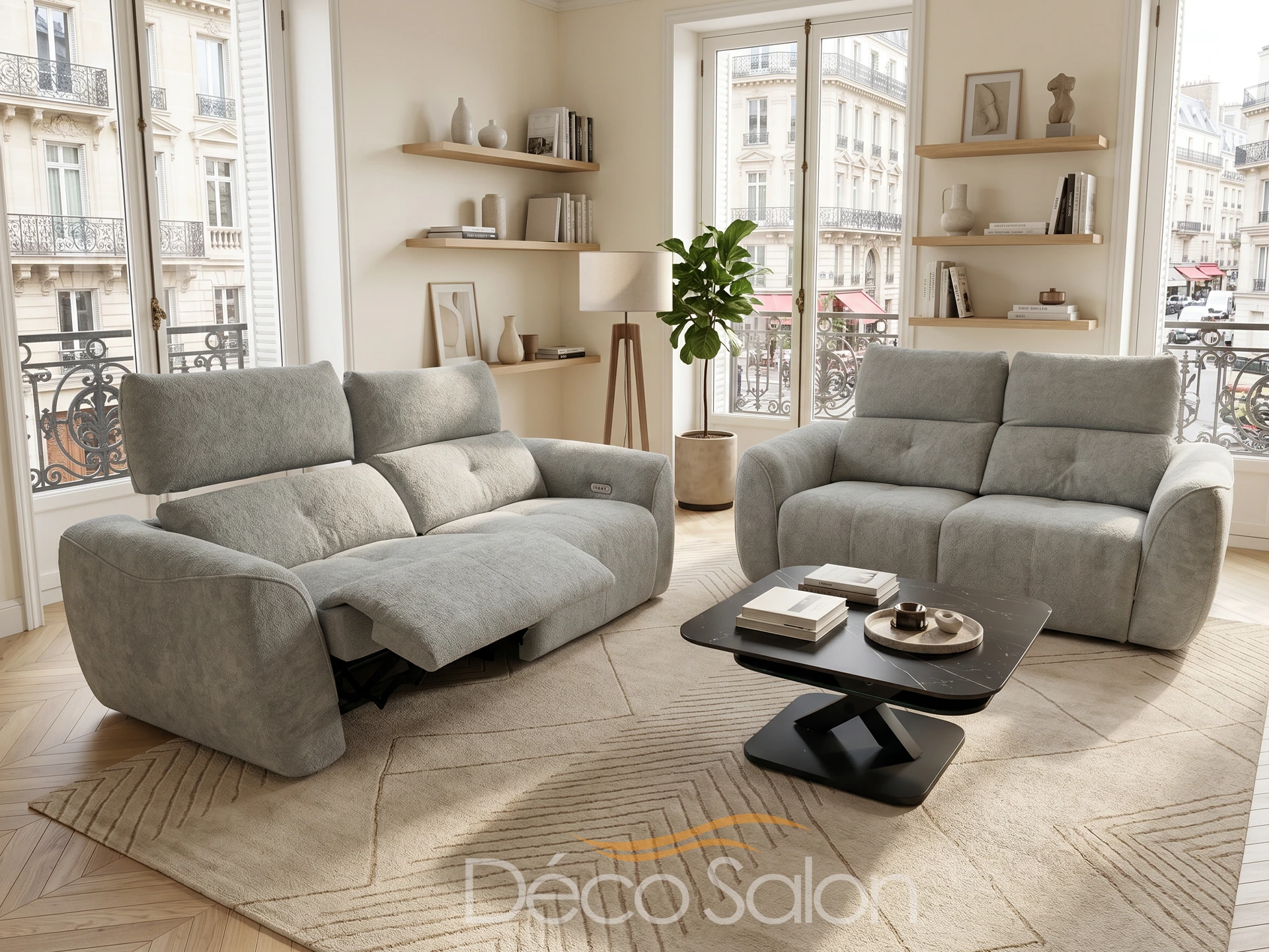 salon 3+2 en tissu vert tendre avec relax et têtières électriques