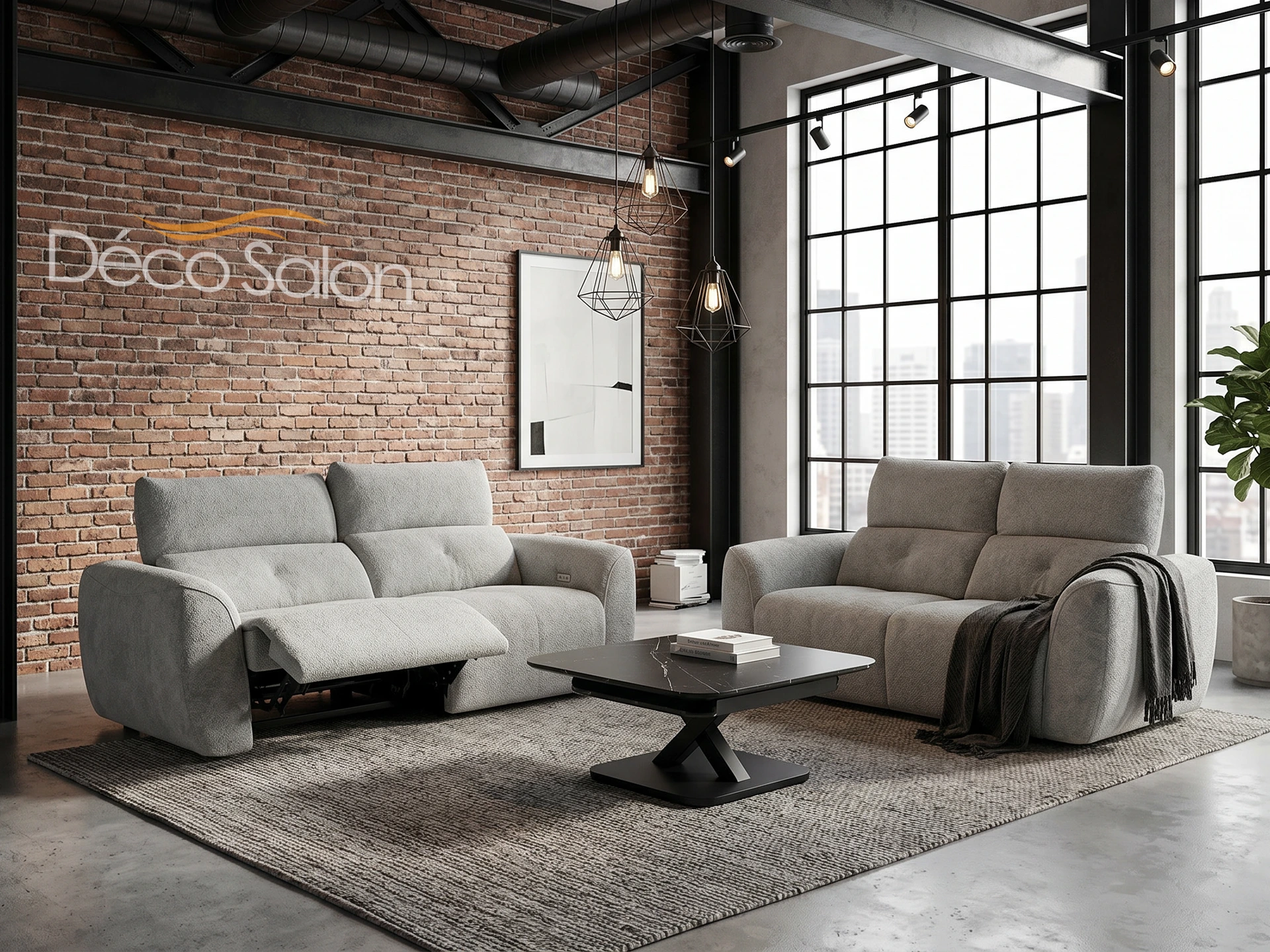 SALON 3+2 EN TISSU  GRIS AVEC RELAX