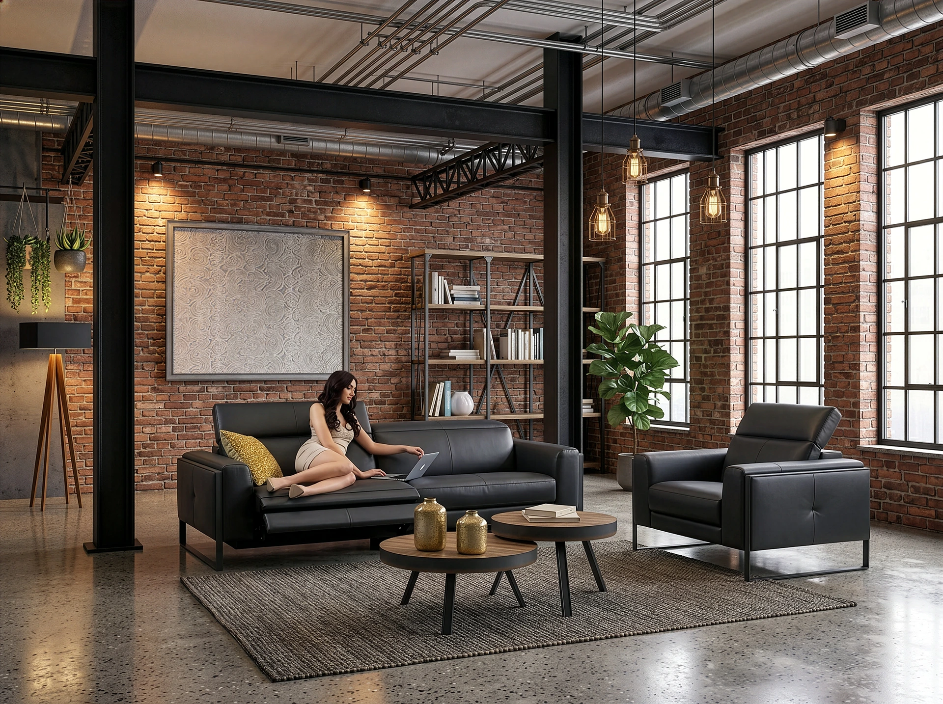 salon 3+2 cuir noir contemporain