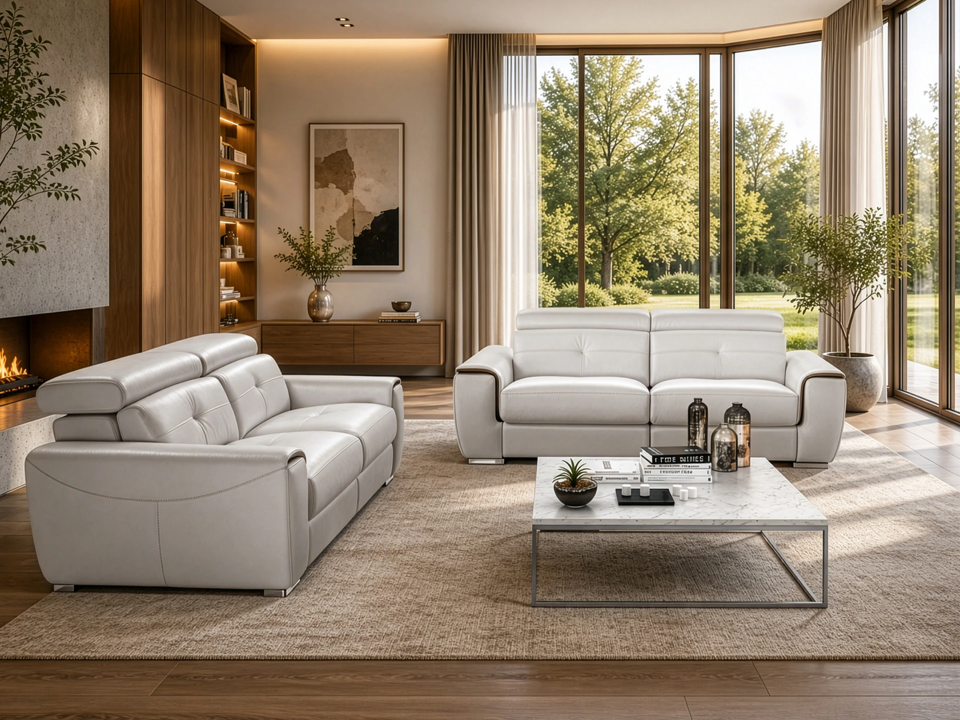 salon contemporian cuir blanc