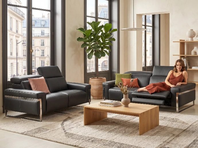 Salon contemporain en cuir noir