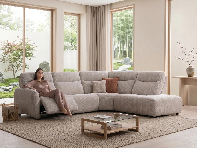 Canapé d'angle haut dossier avec relax en tissu gris