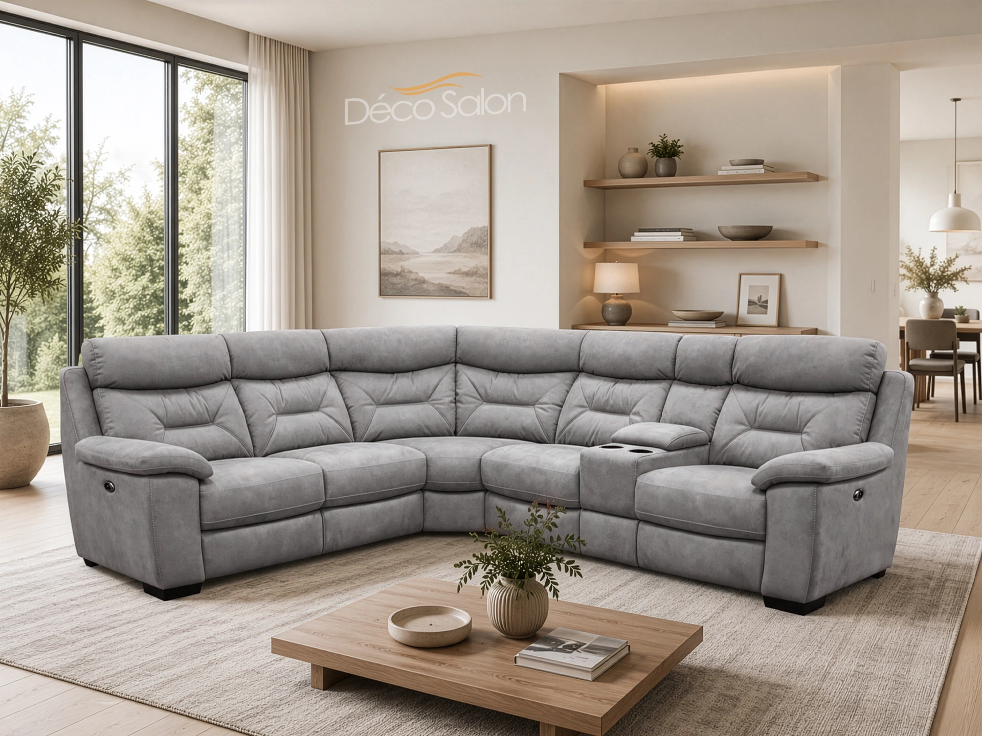 canapé d'angle en tissu gris avec relax