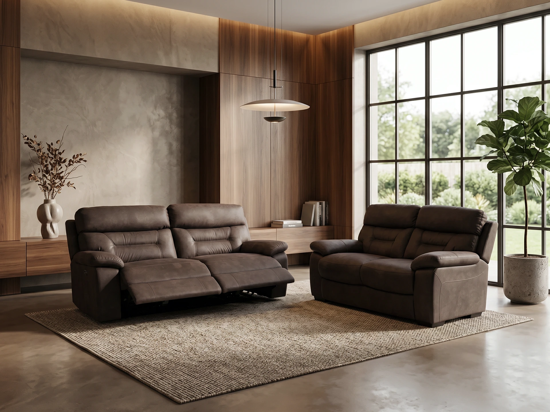 salon 3+2 en tissu brun avec relax