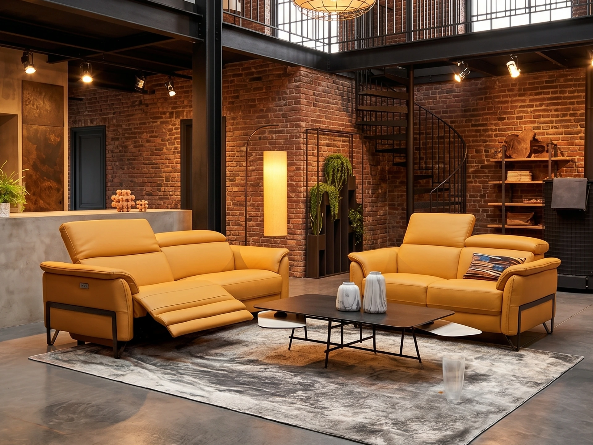 salon 3+2 contemporain cuir jaune