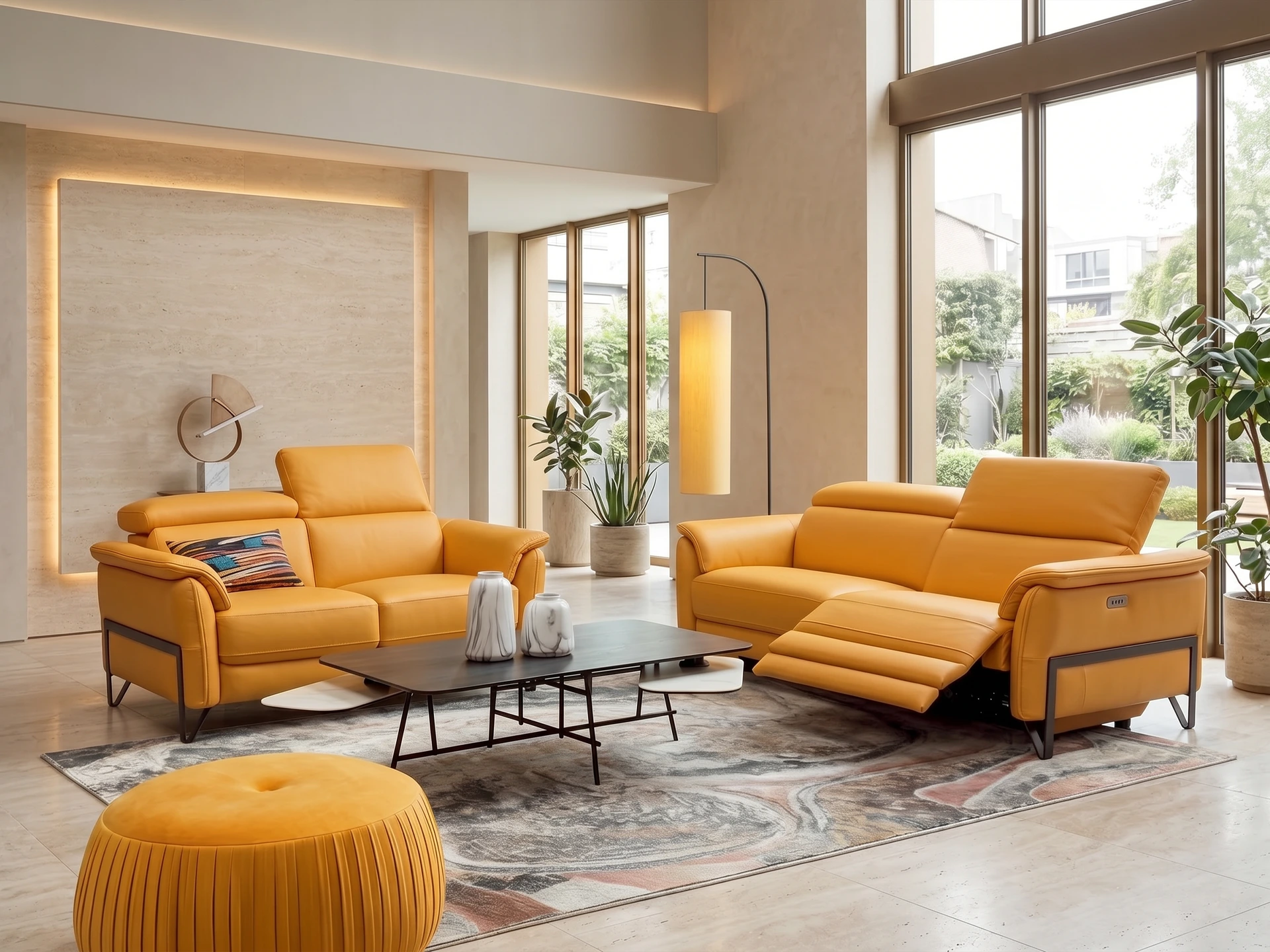 salon 3+2 contemporain cuir jaune