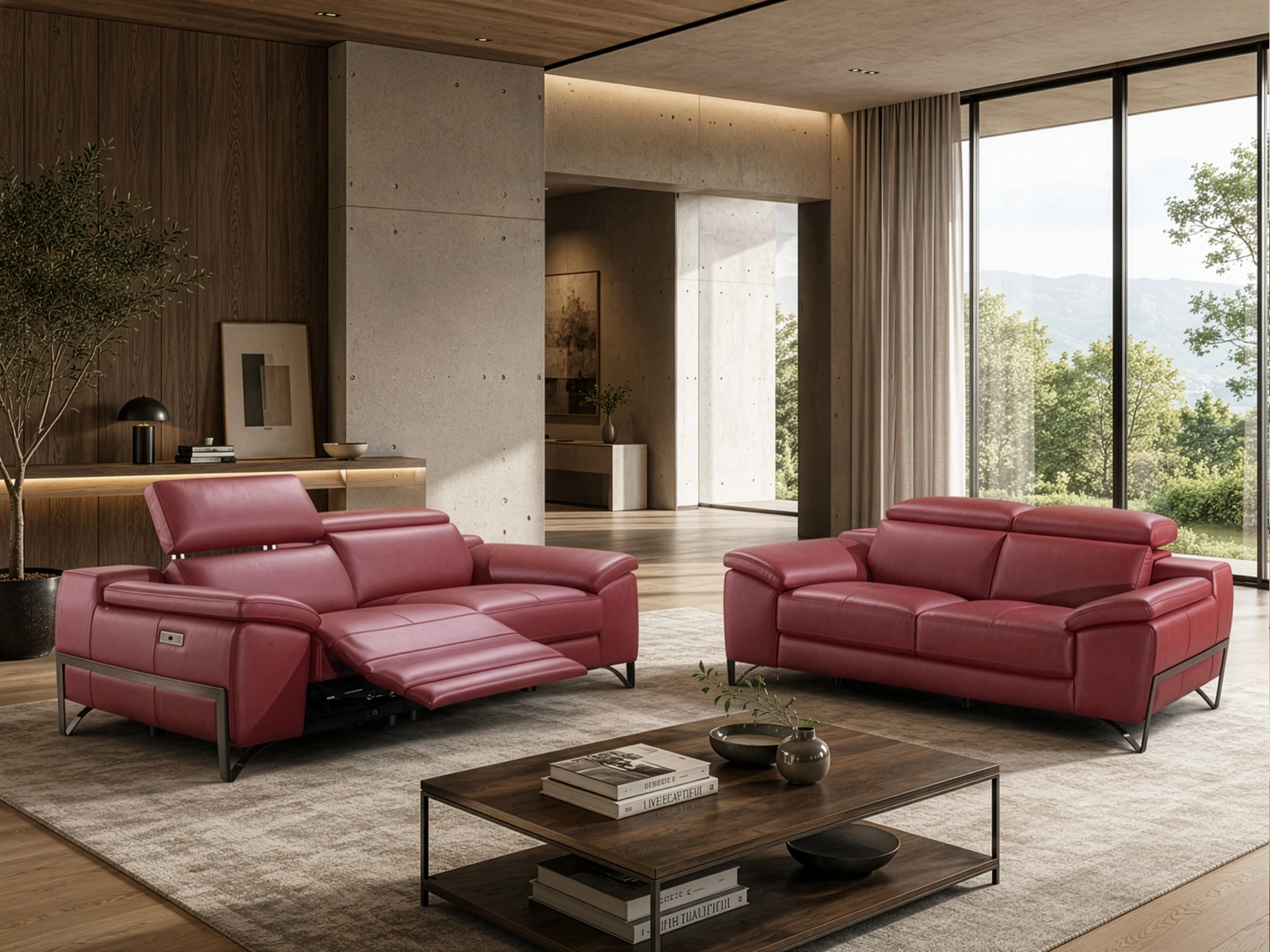 salon contemporain en cuir rouge avec relax