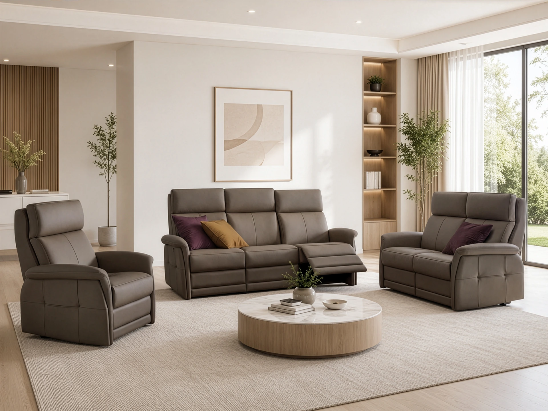 Ensemble salon 3+2+1 en cuir taupe