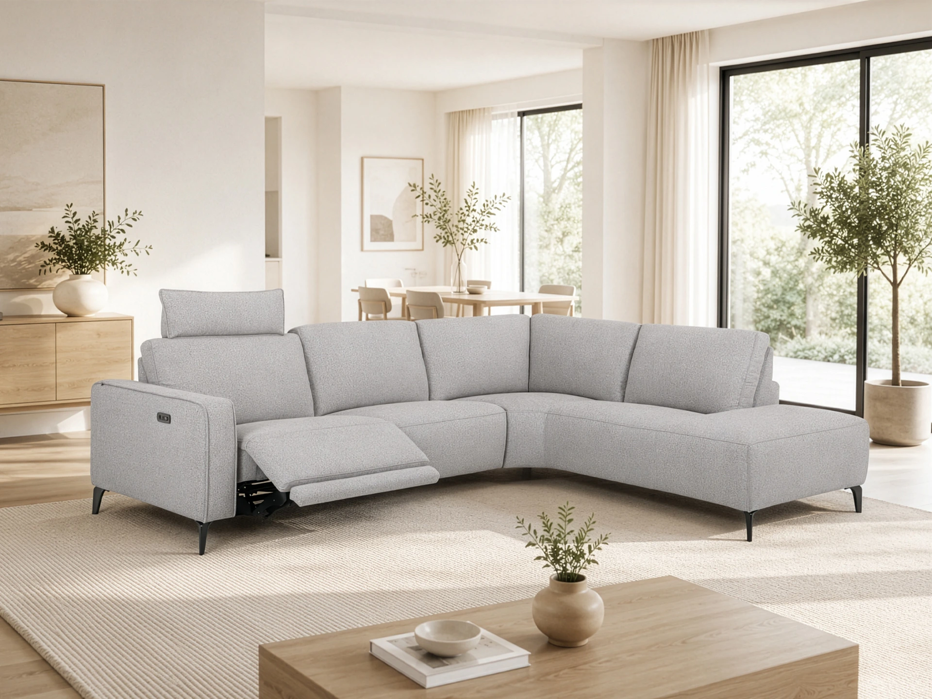 salon angle tissu gris clair