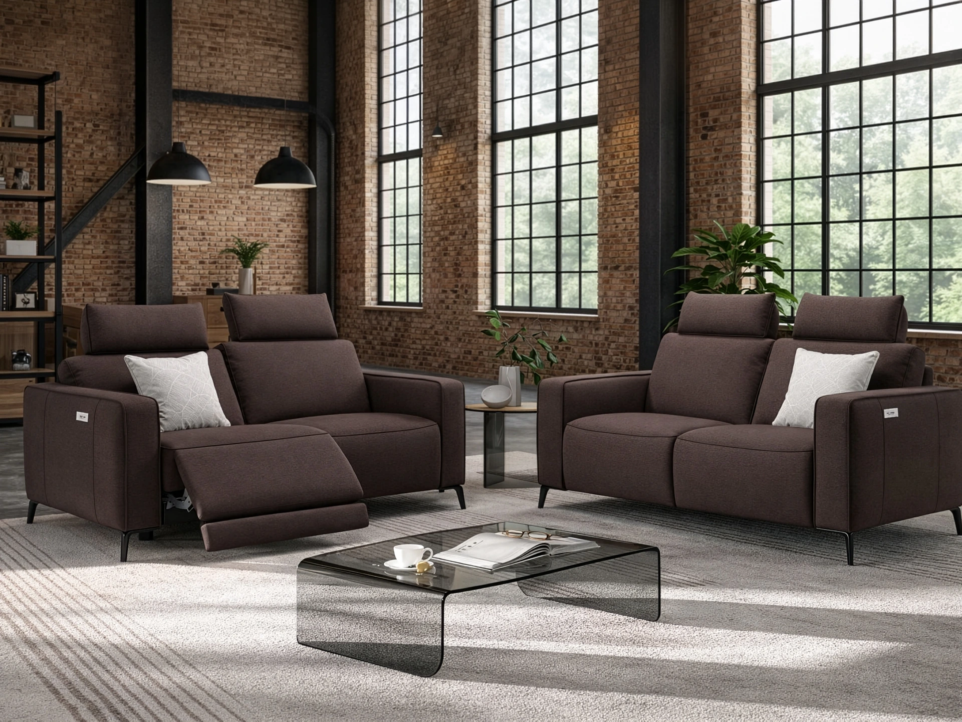 salon 3+2 en tissu brun