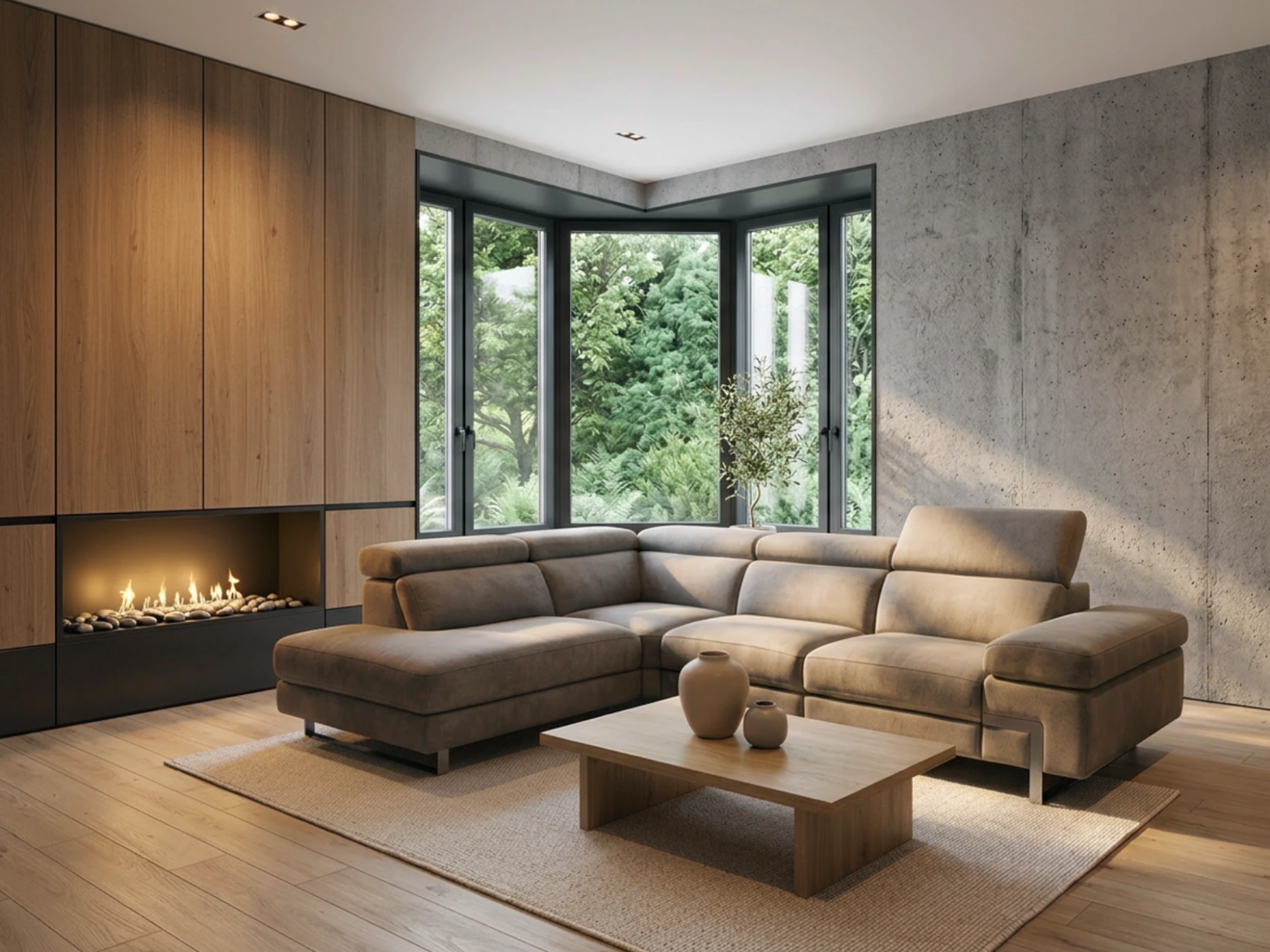 salon angle tissu gris decor bois beton