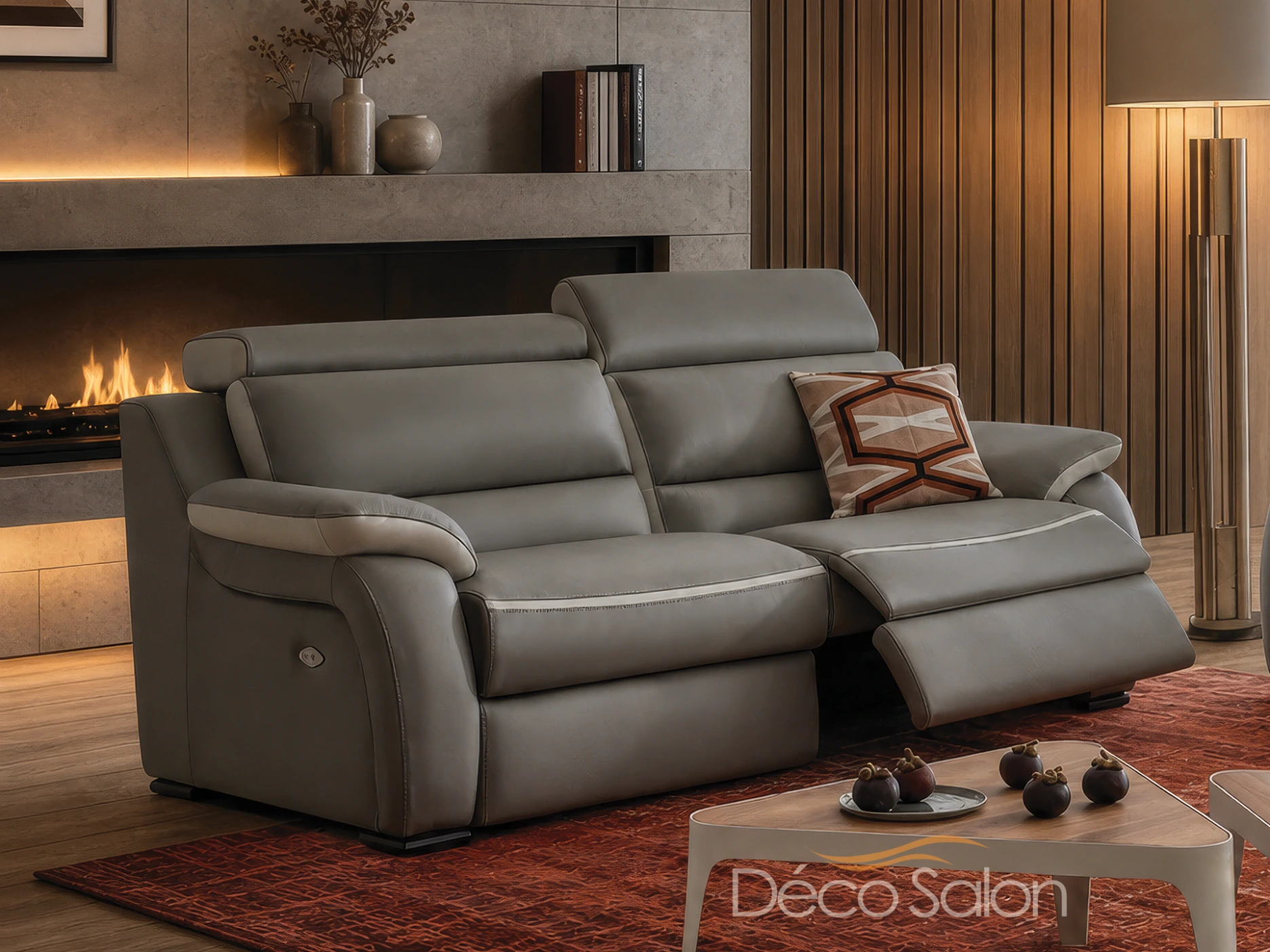 canapé deux places avec relax en cuir gris Décosalon