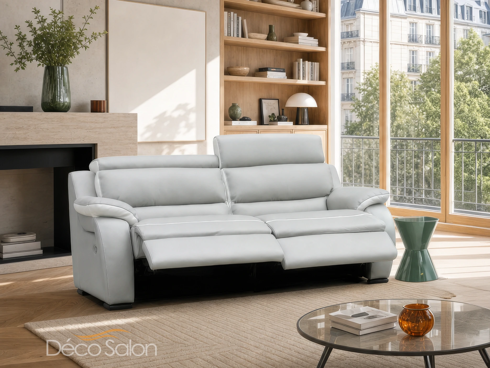 Canapé 2 places relax en cuir gris clair