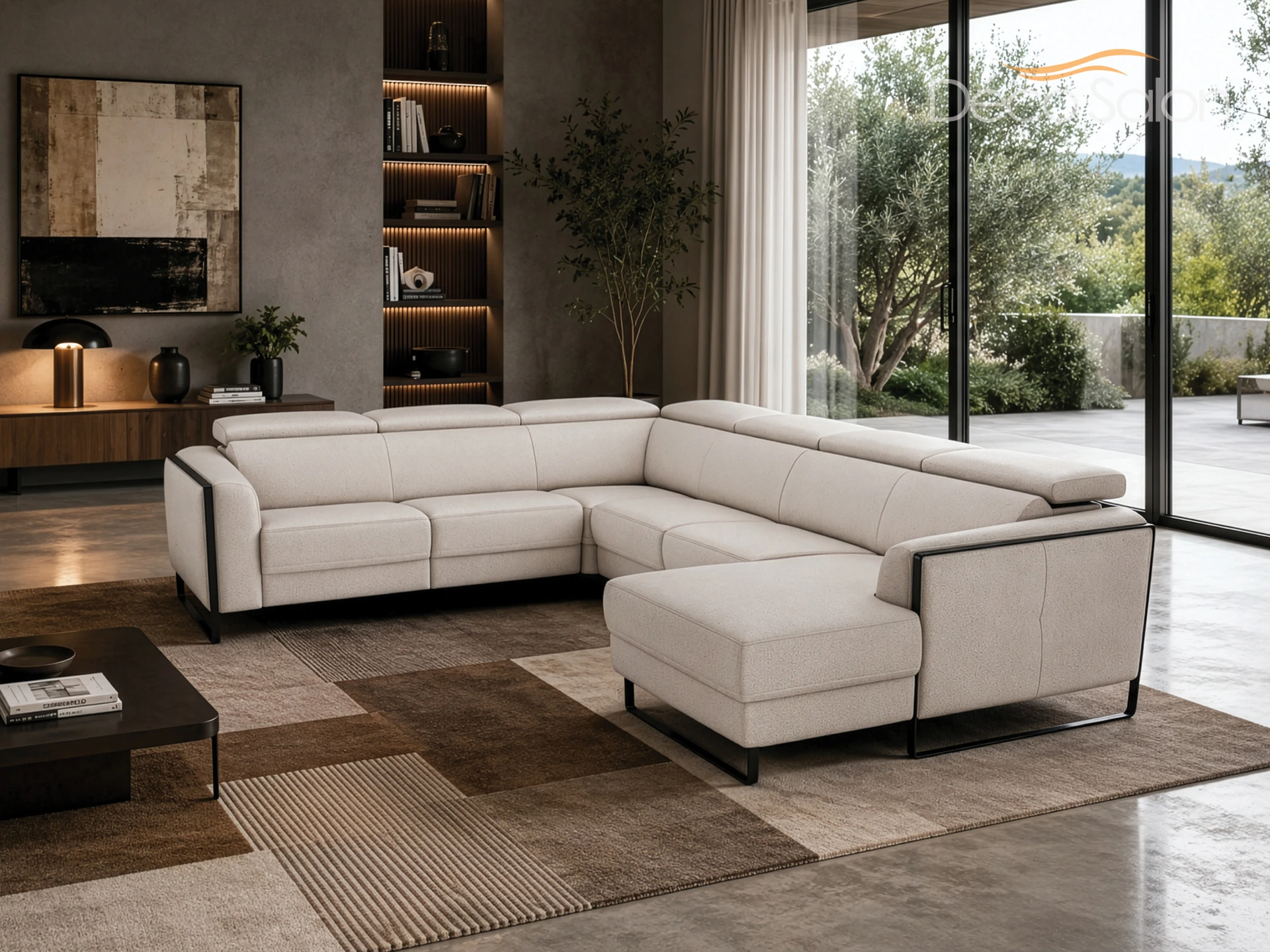 Salon panoramique en tissu beige Décosalon