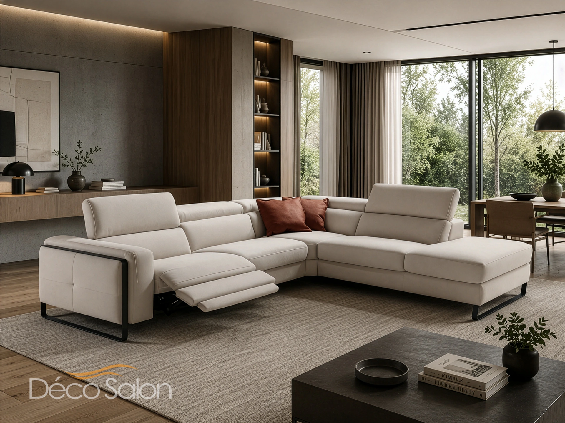 Salon d'angle avec relax en tissu beige