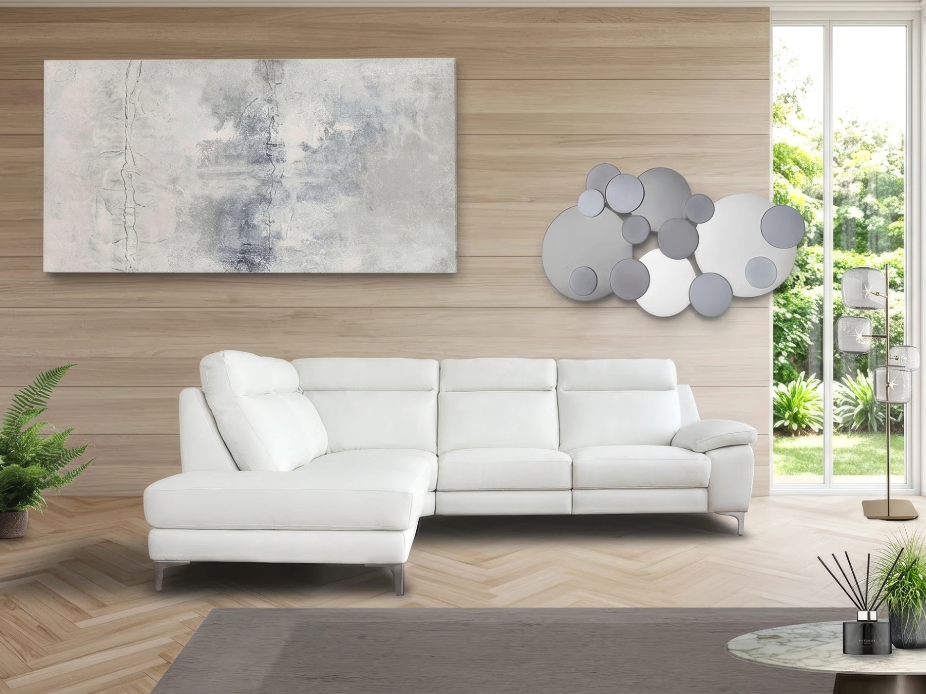 Salon angle en cuir blanc