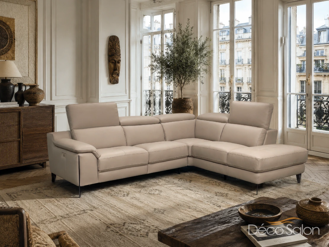 Salon d'angle en cuir beige