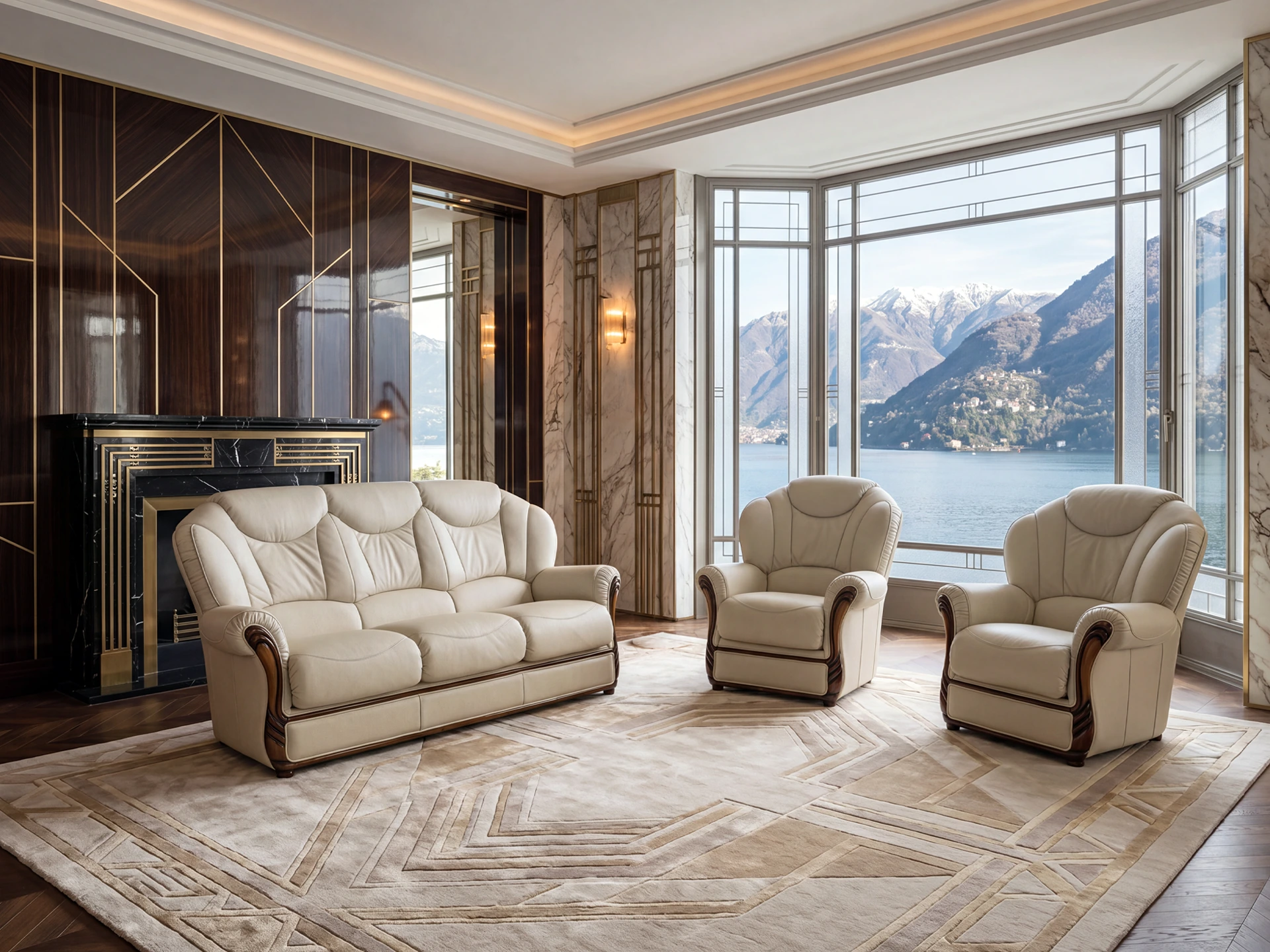 Salon Bianco en cuir crème avec canapé 3 places et deux fauteuils assortis
