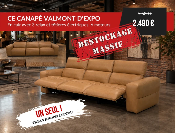 Grand canapé cuir Bea avec 3 relax