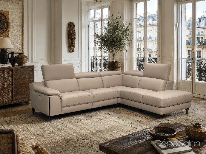 Canapé angle cuir  têtières relevables relax électrique