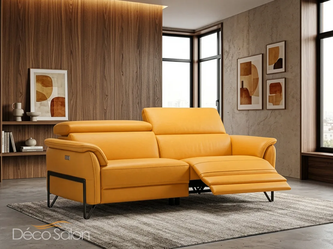 canapé contemporain en cuir jaune avec relax
