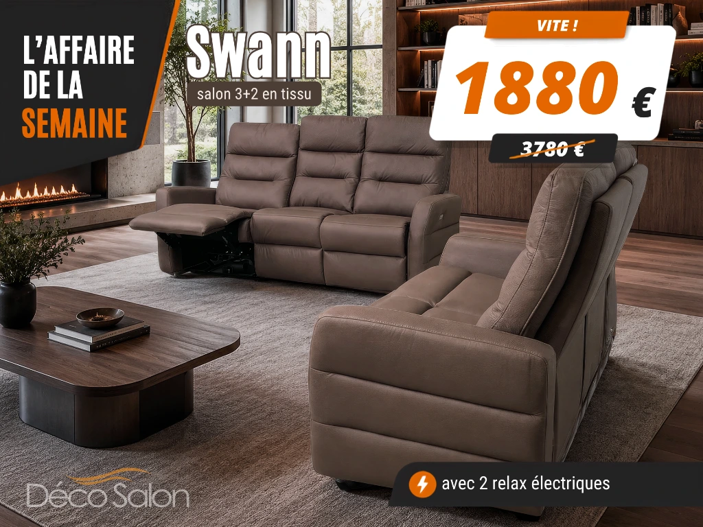 Salon 3+2 en tissu en promo avec relax