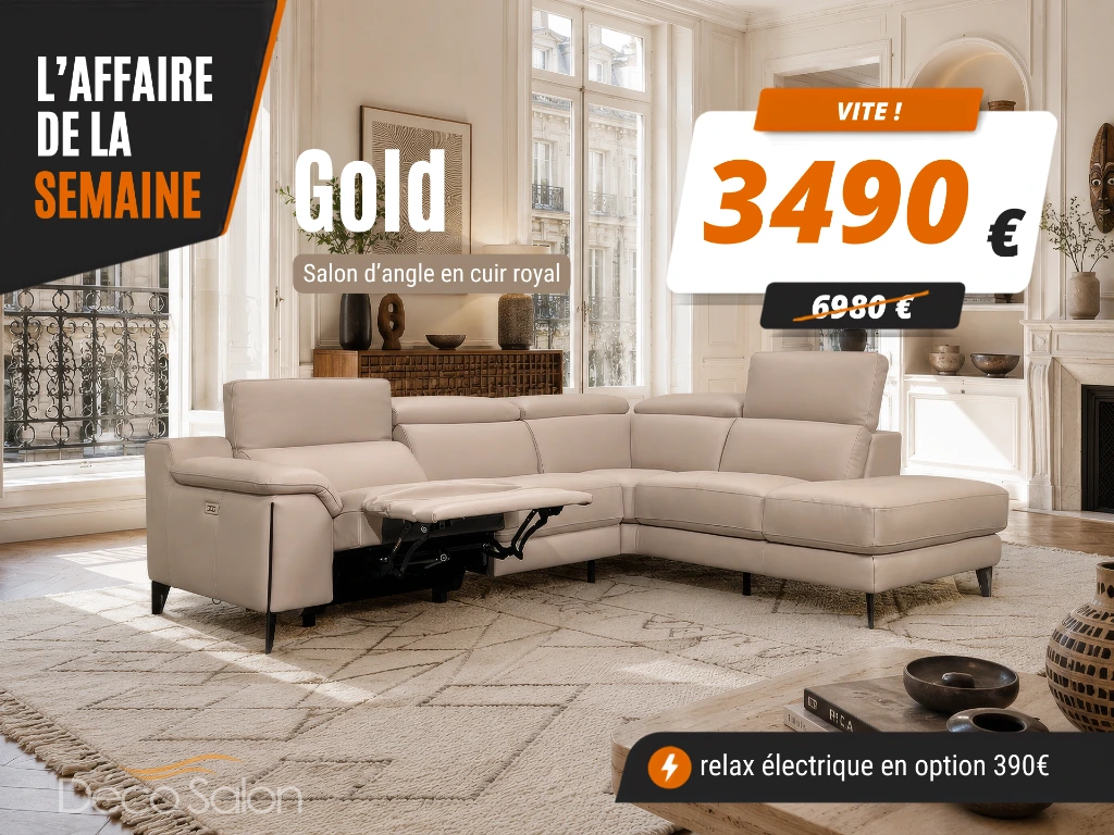 Salon angle en cuir beige
