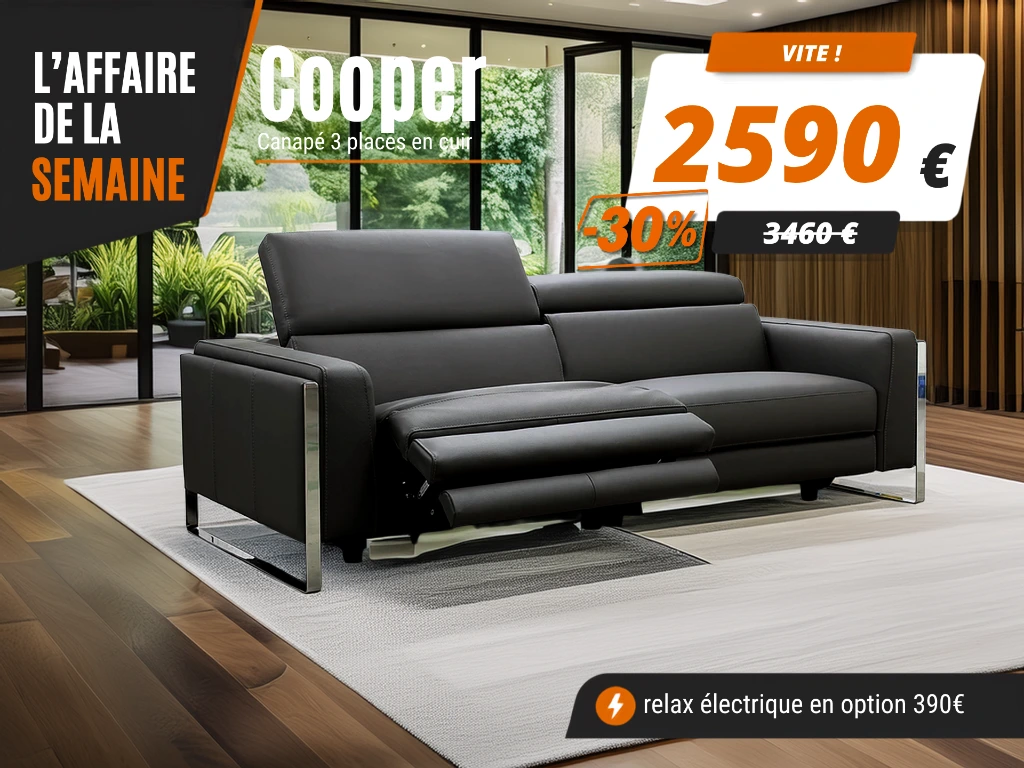 Canapé contemporain en cuir noir cooper décosalon