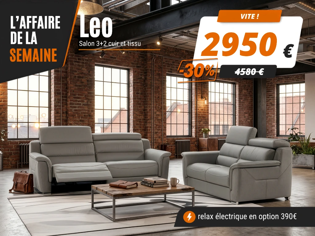 Salon 3+2 en cuir et tissu gris