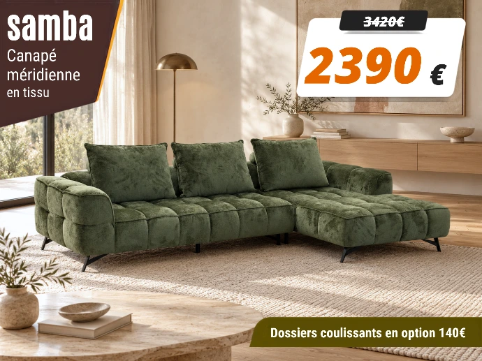 canapé méridienne en tissu vert matelassé avec dossiers coulissants