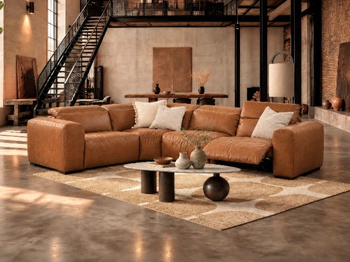 salon d'angle en cuir cognac