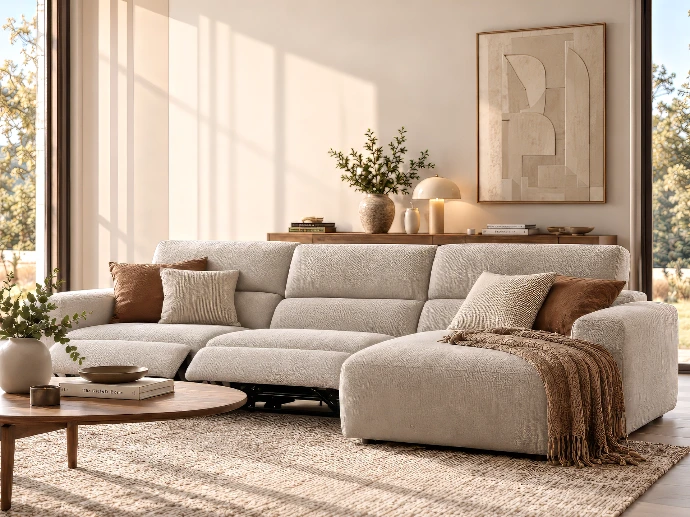 canapé méridienne en tissu beige relax 2 moteurs et têtières électriques