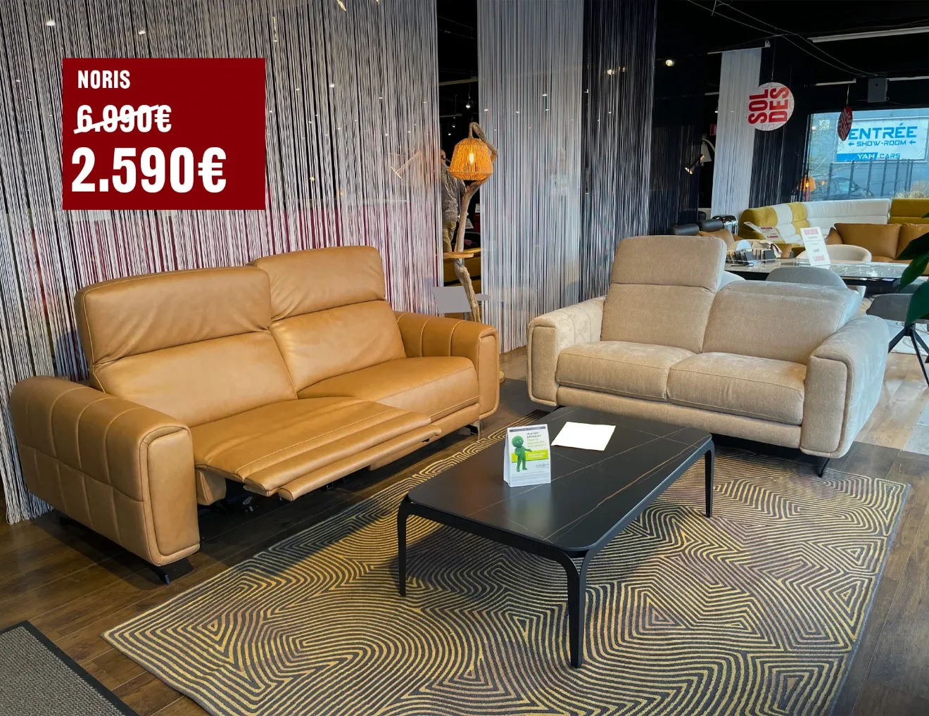 Canapé relax conteporain Riga – cuir ou tissu, têtières réglables & pieds métal