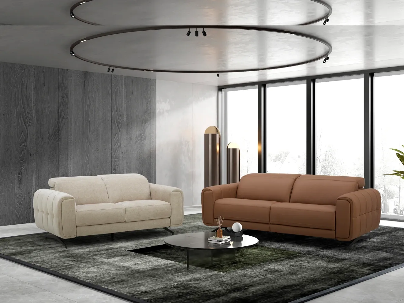 Canapé relax conteporain Riga – cuir ou tissu, têtières réglables & pieds métal