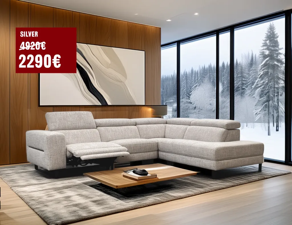 Canapé d’angle relax Silver en tissu – têtières réglables & pieds métal