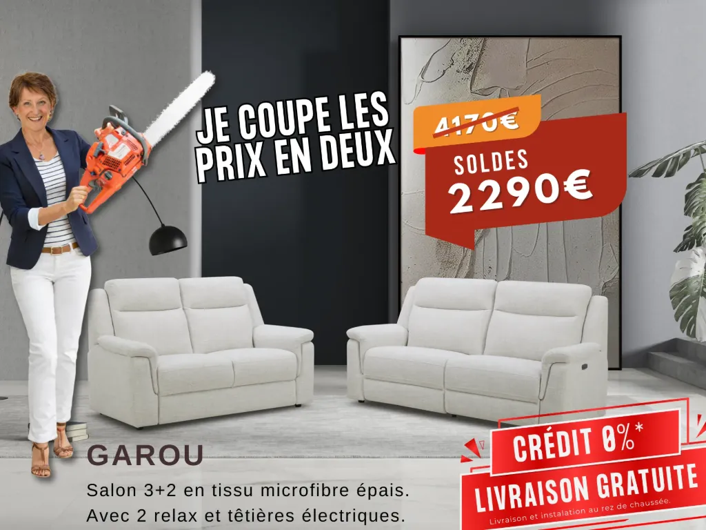 Canapé relax Garou – dossier haut, appuie-têtes électriques & confort “mode sieste”